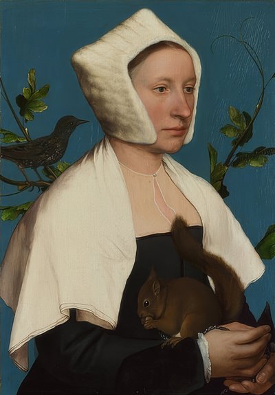 Dame met eekhoorn en spreeuw (Anne Lovell?) door Hans Holbein der Jüngere