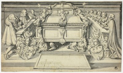 Ontwerp voor grafschrift: Familieleden knielen voor graf door Hans Holbein the Younger