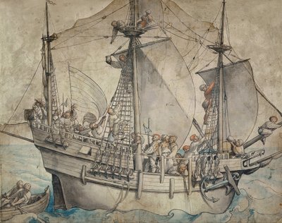 Schip met feestende zeelieden, lansquenets en een sutleress door Hans Holbein der Jüngere