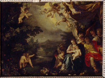 De Heilige Familie met Sint Elisabeth en Sint Johannes de Doper door Hans I or Johann Rottenhammer