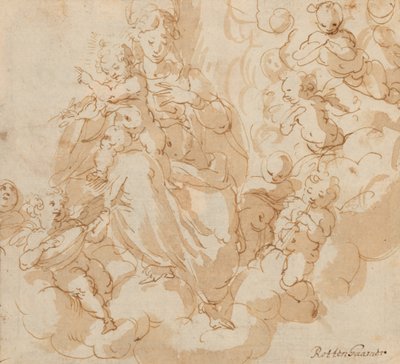 Recto: De Maagd en het Kind zittend op wolken, omringd door putti door Hans I or Johann Rottenhammer