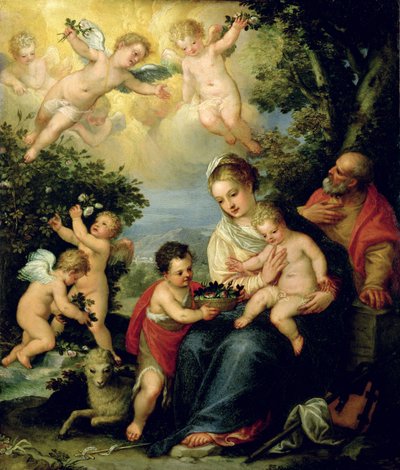 De Heilige Familie met Johannes de Doper en bloemen uitdelende engelen door Hans I or Johann Rottenhammer