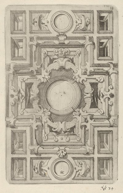 Ontwerp voor een plafond met bandwerk en een kruisvormig centrum door Hans Jakbob Ebelmann