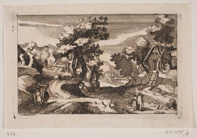 Heuvelachtig landschap met boerderijen. Op de voorgrond een melkmeisje en een boer met hooivork door Hans Jørgen Kirksteen