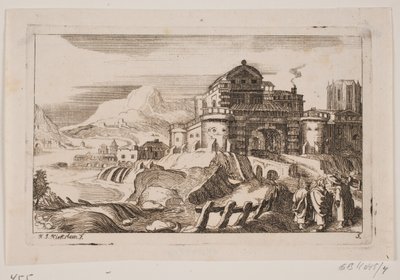 Landschap met Jezus en twee apostelen voor een stadspoort door Hans Jørgen Kirksteen