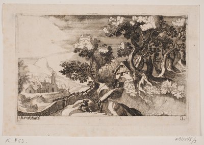 Landschap met een hut tussen bomen rechts door Hans Jørgen Kirksteen