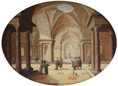 Een klassiek paleisinterieur met Mozes die de scepter van de farao in een slang verandert door Hans Juriaensz. van Baden
