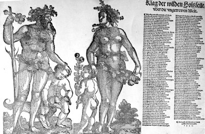 Pamflet over de terugtrekking van de wilde mannen uit de bossen uit een wereld die ten slechte is veranderd, houtsnede gemaakt door Hans Guldenmundt, 1545 door Hans Leonard Schaufelein
