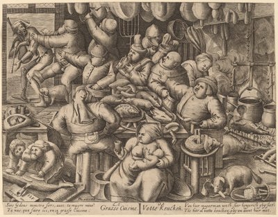 De vette keuken door Hans Liefrinck I, after Pieter van der Heyden, after Pieter Bruegel the Elder