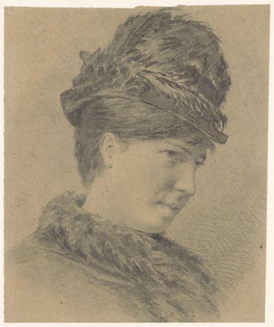 Portret van een jonge vrouw met hoed met veren door Hans Makart (possibly)