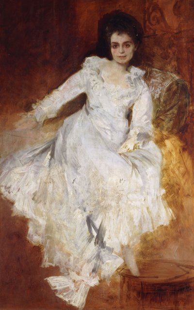 Portret van een dame in een witte jurk liggend op een sofa door Hans Makart