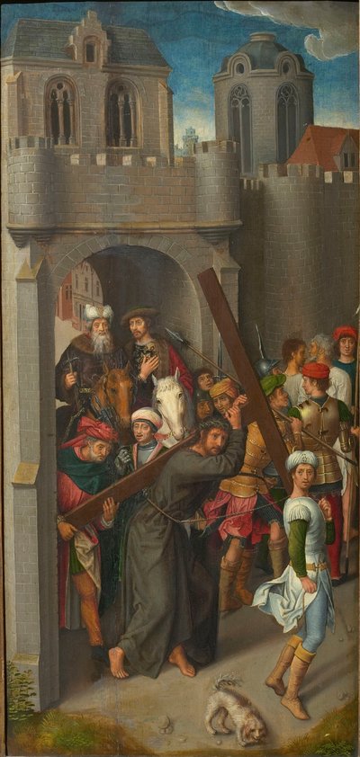 Calvarie Triptiek: Christus draagt het kruis, linker vleugel door Hans Memling