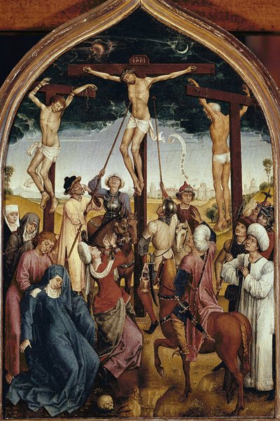 Kruisiging, rechterdeel van het tweeluik van Jeanne de Frankrijk door Hans Memling