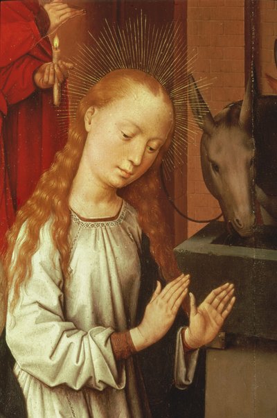 Detail van de Maagd uit een Geboortetafereel door Hans Memling