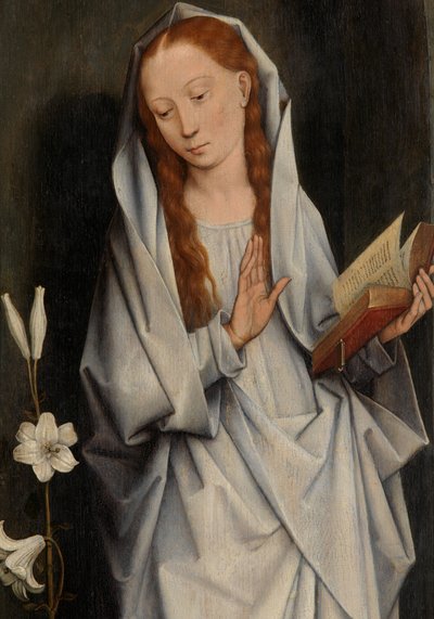 Detail (Maagd, van de achterkant van een paar vleugels met de Aankondiging) door Hans Memling