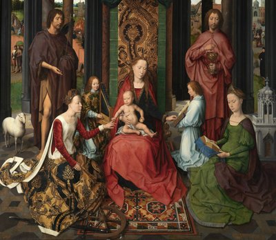 Detail van het centrale paneel van het drieluik van Sint Jan de Doper en Sint Jan de Evangelist door Hans Memling