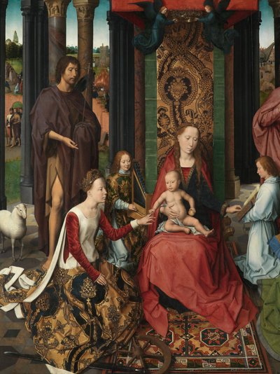 Detail van het centrale paneel van het Drieluik van Johannes de Doper en Johannes de Evangelist door Hans Memling