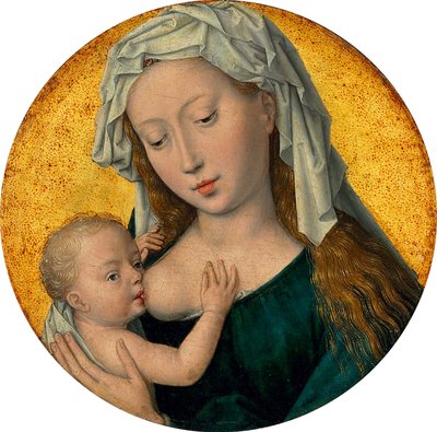 De Maagd Maria die het Christuskind voedt door Hans Memling
