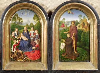 Diptiek van Jean du Cellier: De Maagd en het Kind met heiligen en de schenker gepresenteerd door St. Johannes de Doper, c.1490 door Hans Memling