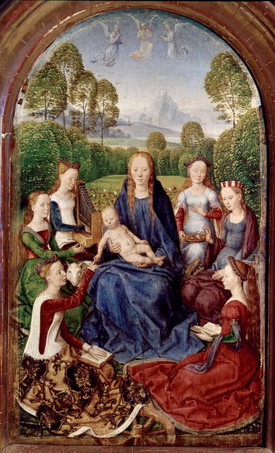 Diptiek van Jean du Cellier: Maagd en zes heiligen door Hans Memling