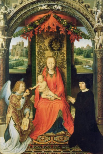 Madonna en Kind met Donateurs en een Engel, centraal paneel van een drieluik, 1485-90 door Hans Memling