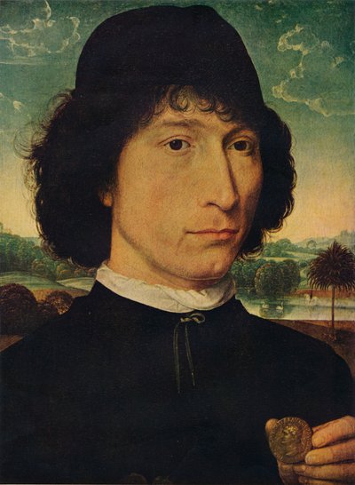 Portret van een man met een munt van Keizer Nero, 1474 door Hans Memling