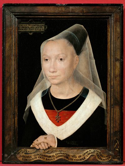 Portret van een jonge vrouw (hijgend) door Hans Memling