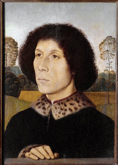 Portret van een onbekende man in een landschap door Hans Memling