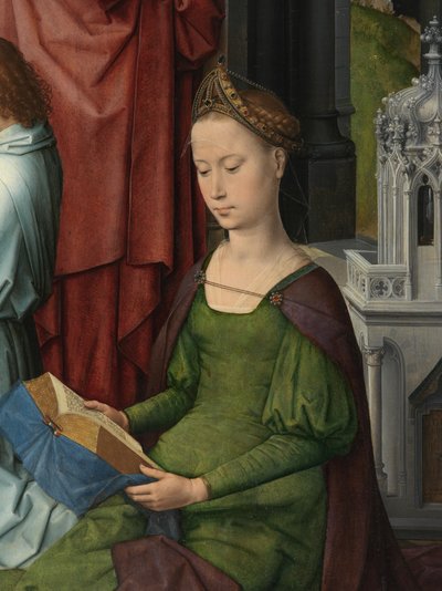 St. Barbara, detail van het centrale paneel van het Drieluik van Johannes de Doper en Johannes de Evangelist door Hans Memling
