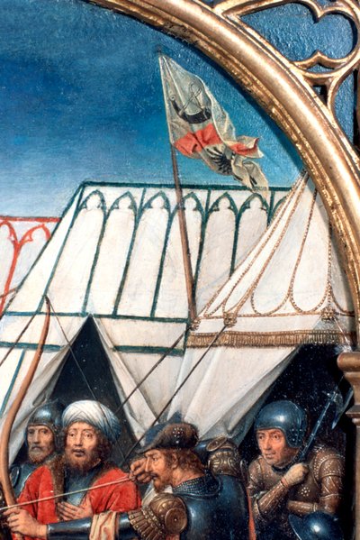St. Ursula-schrijn, martelaarschap in Keulen, detail, 1489 door Hans Memling