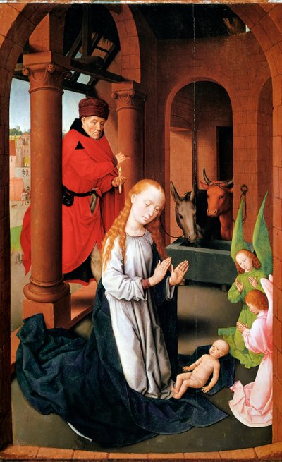 De Geboorte. Linker paneel van het Drieluik van Aanbidding door Hans Memling