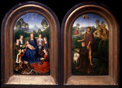 De Maagd en Kind omringd door heiligen, de schenker en Johannes de Doper Diptiek - Schilderij door Hans Memling (1435-1494) (ec flam) 15e eeuw Parijs, Louvre Museum door Hans Memling