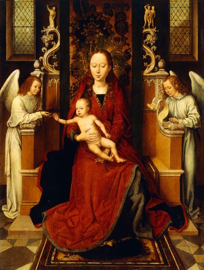 De Maagd en Kind op de troon met twee engelen door Hans Memling