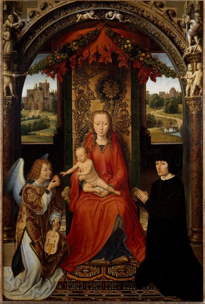 De Maagd en Kind met de schenker en een muzikale engel door Hans Memling