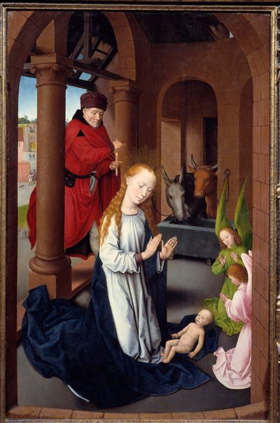 Drieluik van de Aanbidding der Wijzen (detail van het linkerpaneel: De Geboorte) door Hans Memling