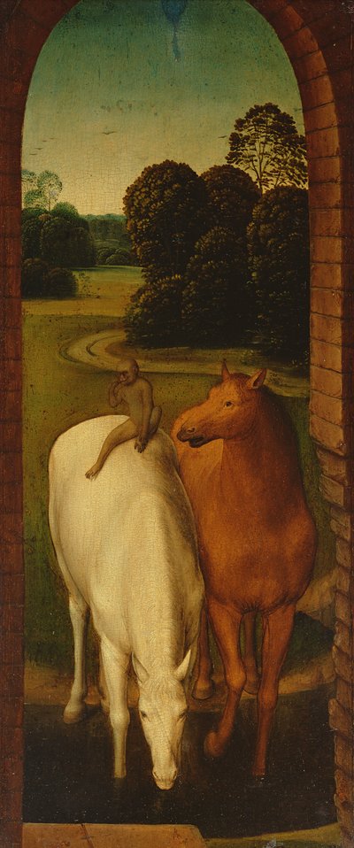 Twee Paarden in een Landschap door Hans Memling