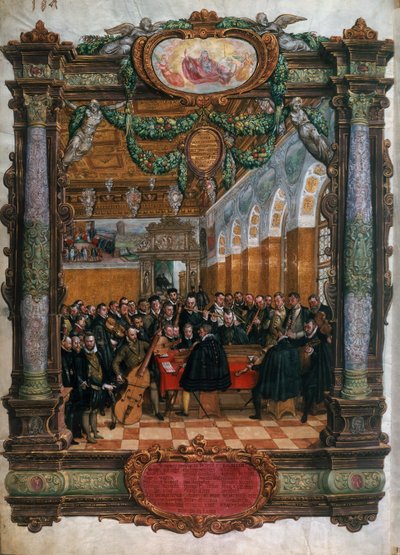 Orlando di Lasso, linksonder, in concert voor de Hertog Albrecht V van Beieren aan het hof van München door Hans Mielich or Muelich