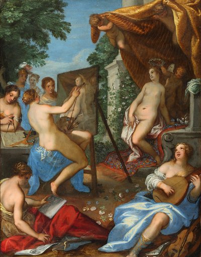 Allegorie van de kunsten met Pictura die Venus schildert door Hans Rottenhammer