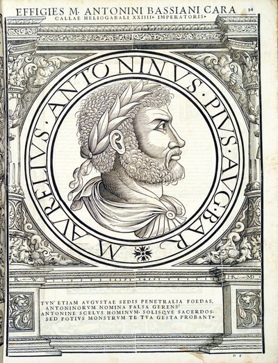 Heliogabalus, illustratie uit Imperatorum romanorum omnium orientalium et occidentalium verissimae imagines ex antiquis numismatis, houtsnede door Rudolph Wyssenbach, gedrukt door Andreas Gesner, Zürich door Hans Rudolf Manuel Deutsch