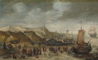 Een Potvis Aangespoeld op het Strand bij Noordwijk, 28 December 1614 door Hans Savery (I) (attributed to)