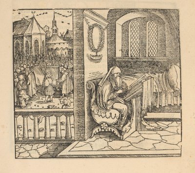 Biddende vrouw en begrafenisstoet door Hans Schäufelein (possibly)