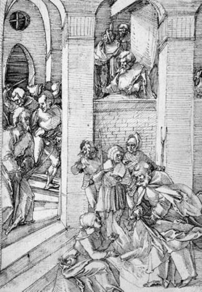 De ontkenning van Petrus in de binnenplaats van de hogepriester door Hans Schäufelein
