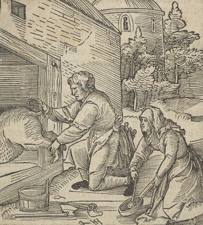 Een boer slacht een varken, uit Hymmelwagen auff dem, wer wol leeft..., 1517 door Hans Schäufelein the Elder