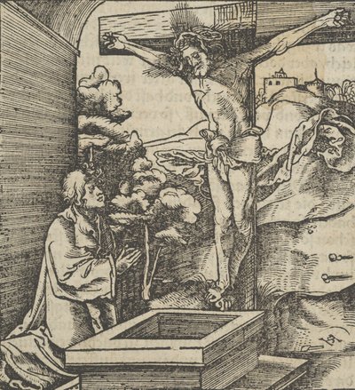 Een man die bidt voor een kruisbeeld, uit Hymmelwagen auff dem, wer wol lebt..., 1517 door Hans Schäufelein the Elder