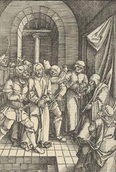 Christus voor Annas, uit Speculum passionis domini nostri Ihesu Christi, 1507 door Hans Schäufelein the Elder