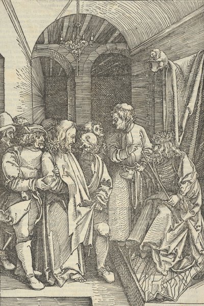 Christus voor Herodes in een zaal, uit Speculum passionis domini nostri Ihesu Christi door Hans Schäufelein the Elder