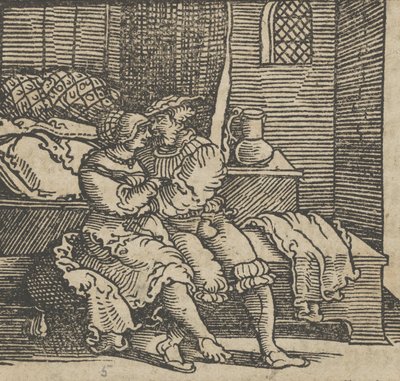 Spinneloccio opgesloten in een kist, waarop zijn vrouw en Zeppa zitten, voor 1534 door Hans Schäufelein the Elder