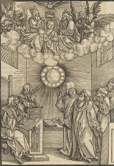 De auteur schrijft de Layenspiegel, De Drie-eenheid en de Maagd in het bovenste midden, 1511 door Hans Schäufelein the Elder