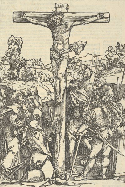 De kruisiging, uit Der beschlossen gart des rosenkranzes marie door Hans Schäufelein the Elder