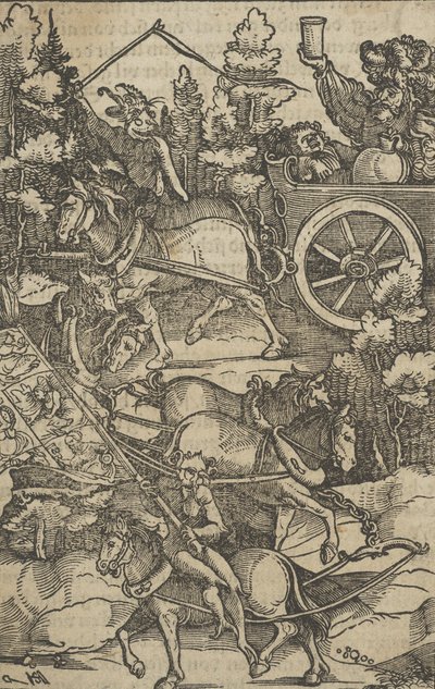 De dronken man op een wagen op weg naar de hel, uit Hymmelwagen auff dem, wer wol leeft, 1517 door Hans Schäufelein the Elder